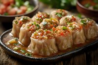 Steamed Asian dumplings with spicy sauce garnished with green onions and chili on black ceramic plate. Traditional dim sum served on rustic wooden table.