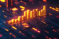 Glowing orange financial chart bars rise from dark blue circuit board surface with illuminated data points and digital elements for business analytics.
