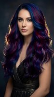 Young woman with long wavy hair featuring vibrant blue and magenta highlights, fair complexion, wearing black draped clothing against dark background for beauty and fashion concepts.