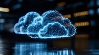 Glowing digital cloud network floating over reflective surface with sparkle particles. Futuristic technology concept for cloud computing and data storage.