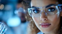 Young mixed race female scientist wearing protective eyewear in laboratory setting with blue toned lighting and research equipment in background, close up portrait.