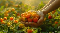 Fresh ripe cherry tomatoes cupped in hands during golden hour harvest time in organic garden with warm sunlight and bokeh background for healthy eating.