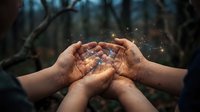 Hands cupped together holding magical glowing light with sparkles in dark forest setting. Concept of hope, protection, spirituality and wonder.