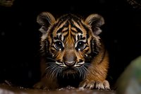 Close-up portrait of young tiger cub with bright eyes and distinctive stripes emerging from dark background, showing curious expression and natural hunting behavior.