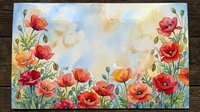 Watercolor poppy field border with vibrant red and orange blooms on soft sky background, copy space for text, greeting cards, and prints.