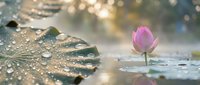 Pink lotus flower blooming in serene pond with water droplets on lily pad creating peaceful zen meditation atmosphere for wellness and mindfulness concepts.