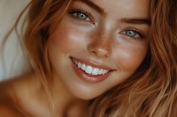 Close up portrait of young Caucasian woman with freckles, natural makeup, and glowing skin smiling at camera. Warm toned beauty photography.