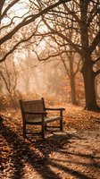 Empty wooden bench under bare autumn trees with golden sunlight filtering through branches creating peaceful park atmosphere for relaxation and contemplation.