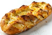 Freshly baked cheese bread with golden crust and melted mozzarella topping, garnished with herbs and spices on white background. For food menu and bakery.