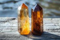 Glowing citrine and smoky quartz crystal points on weathered wood surface with natural sunlight illuminating their translucent mineral structure and facets.