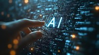 Hand touching glowing AI text on digital matrix background with binary code and orange light effects, representing artificial intelligence technology.