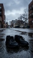 Black sneakers on wet asphalt street after rain with blurred urban cityscape background. Moody atmospheric scene for lifestyle and fashion concepts.