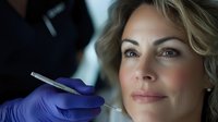 Professional cosmetic injection procedure with blonde woman receiving facial treatment from medical practitioner wearing purple gloves in clinical setting.