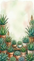 Watercolor succulent plants in terracotta pots frame border with soft pastel background for botanical design projects and natural home decor themes.