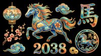 Ornate Asian horse illustration with decorative lanterns, coins, and traditional design elements isolated on transparent background, ready for t-shirt design, clipart, stickers, and print-on-demand products.