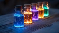 Glowing luminescent liquid in glass bottles arranged in row, emitting blue, amber, purple and green light on wooden surface for science and magic concepts.
