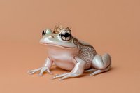 Regal frog wearing a tiny gold crown sits against a warm beige background, evoking fairy tale charm and humor.