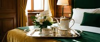 Elegant silver tea set with welcome card and white flowers on a luxury hotel bed with green velvet and golden accents.