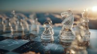 Glass chess pieces on board with mountain landscape background during golden hour sunset creating strategic business concept for leadership and planning.