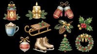 Festive holiday decorations collection featuring lantern, bell, mittens, mug, sleigh, pinecone, holly, ice skates, ornament, Christmas tree and wreath isolated on transparent background. Ready for t-shirt design, clipart, stickers, print-on-demand and sublimation projects.