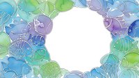 Colorful watercolor fish frame with white center space for text. Tropical marine life border in blue, green and purple tones for aquatic designs.