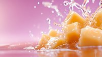 Fresh mango chunks with splashing water droplets against pink background, dynamic food photography with motion freeze effect and soft lighting.
