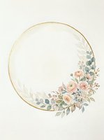 Circular gold frame with watercolor floral arrangement featuring blush roses, eucalyptus, and baby's breath. Isolated design on white background, ready for invitations, greeting cards, and wedding stationery projects.