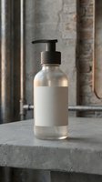 Clear glass pump bottle with blank label on concrete surface in industrial loft setting for skincare cosmetic product mockup and branding presentation.
