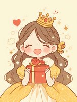 Cute princess cartoon character with long brown hair wearing yellow dress and crown, holding red gift box. Kawaii anime style illustration with sparkles and hearts.