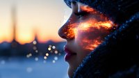 Young Asian woman profile with glowing digital particle effect overlay dissolving her face against sunset cityscape, representing artificial intelligence and digital transformation.