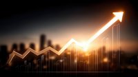 Glowing upward arrow and rising chart bars against city skyline backdrop symbolizing business growth, financial success, and market performance analytics.