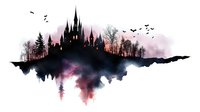 Mystical castle silhouette reflected in water with dark forest treeline, flying birds and purple-pink watercolor sky background, fantasy landscape artwork.