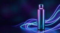 Metallic purple cosmetic bottle with flowing neon light waves on dark gradient background for skincare and beauty product advertising campaigns.