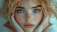 Young blonde woman with blue eyes and freckles resting face in hands, natural beauty portrait with soft lighting for skincare and wellness concepts.
