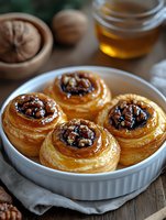 Golden puff pastry rolls filled with walnuts and honey on white plate, homemade bakery dessert for breakfast or tea time serving.