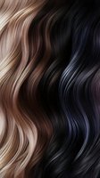 Wavy hair color palette ranging from light blonde through brown to dark blue-black shades, showing natural flowing texture and gradient transitions for salon and beauty use.