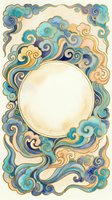 Watercolor oriental frame with swirling clouds in teal, blue, and gold tones, featuring a round empty center for text or logo placement.