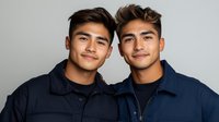 Two young Hispanic men in navy blue jackets smiling at camera against gray background. Brothers or friends portrait for lifestyle and relationship concepts.