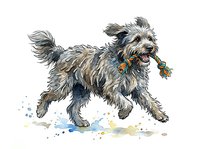 Scruffy mixed breed dog with shaggy coat carrying toy in mouth, isolated on white background for design projects, clipart, and merchandise applications.