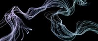 Flowing luminescent strands with iridescent purple and cyan gradients swirl dynamically against black background, creating ethereal wave patterns suitable for digital design, motion graphics, and modern visual effects.