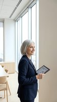 Senior businesswoman with gray hair holding tablet in modern office looking out window with natural light and minimalist workspace.