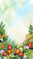 Watercolor vegetable border frame with fresh produce including tomatoes, peppers, onions, lettuce and herbs on isolated white background. Ideal for recipe cards, menus and culinary designs.
