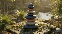 Balanced stone cairn stack on wooden surface in peaceful garden setting with soft natural lighting and lush greenery creating zen meditation atmosphere.