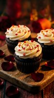 Chocolate cupcakes with cream frosting and pomegranate seeds on wooden board with warm bokeh lights and rose petals for romantic celebration dessert.