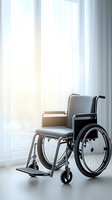 Modern wheelchair positioned near bright window with natural sunlight streaming through white curtains in clean medical facility or home interior.