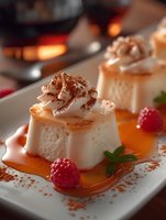 Creamy panna cotta dessert topped with whipped cream and cocoa powder, served with fresh raspberries and caramel sauce on white plate, close-up food photography.