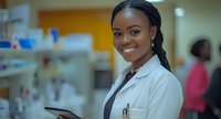 Young African American female scientist in white lab coat holding digital tablet smiles confidently while working in modern research laboratory setting.
