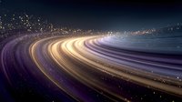 Cosmic rings of light streaking through dark space, creating vibrant purple and gold curved paths against starry background.