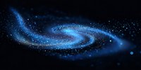 Glowing spiral galaxy with bright blue stardust and shimmering particles against dark background creates mesmerizing cosmic atmosphere for space designs.