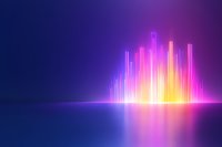 Glowing vertical light bars in vibrant neon colors reflecting on dark surface against deep blue background create futuristic abstract composition.